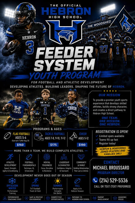 Youth Football and Athletic Development for Hebron-Zoned Families Hebron’s official youth feeder system is designed to prepare young athletes for long-term success through football fundamentals, speed development, leadership, competition, and early connec