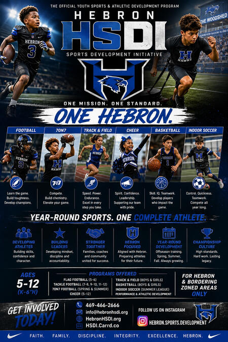 Official Hebron Feeder System Youth Football and Athletic Development for Hebron-Zoned Families Hebron’s official youth feeder system is designed to prepare young athletes for long-term success through football fundamentals, speed development, leadership, competition, and early connec